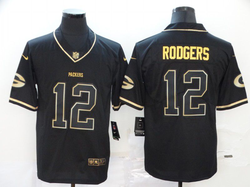 Men Green Bay Packers #12 Rodgers Black Retro gold character Nike NFL Jerseys